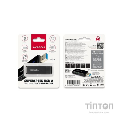 Зчитувач флеш-карт AXAGON USB-A 3.2 to SD/microSD 5Gbps black (CRE-S2N)
