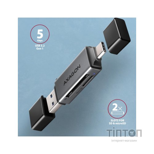 Зчитувач флеш-карт AXAGON USB-C + USB-A to SD/microSD 5Gbps gray (CRE-DAC)