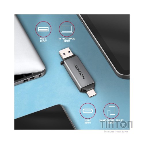 Зчитувач флеш-карт AXAGON USB-C + USB-A to SD/microSD 5Gbps gray (CRE-DAC)